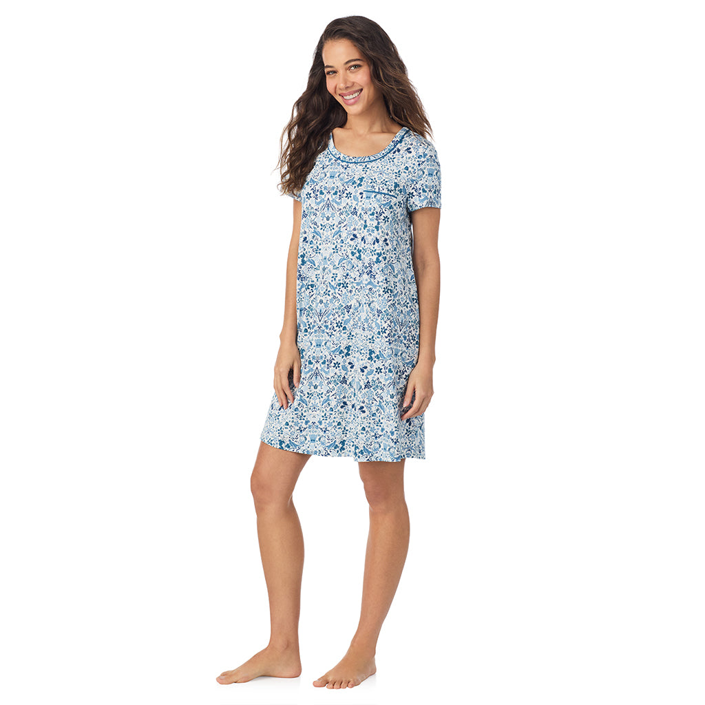 Blue Woodland; Model is wearing size S. She is 5’9”, Bust 34”, Waist 23”, Hips 35”..@A lady wearing a Woodland Cotton Rich Short Sleeve Sleepshirt