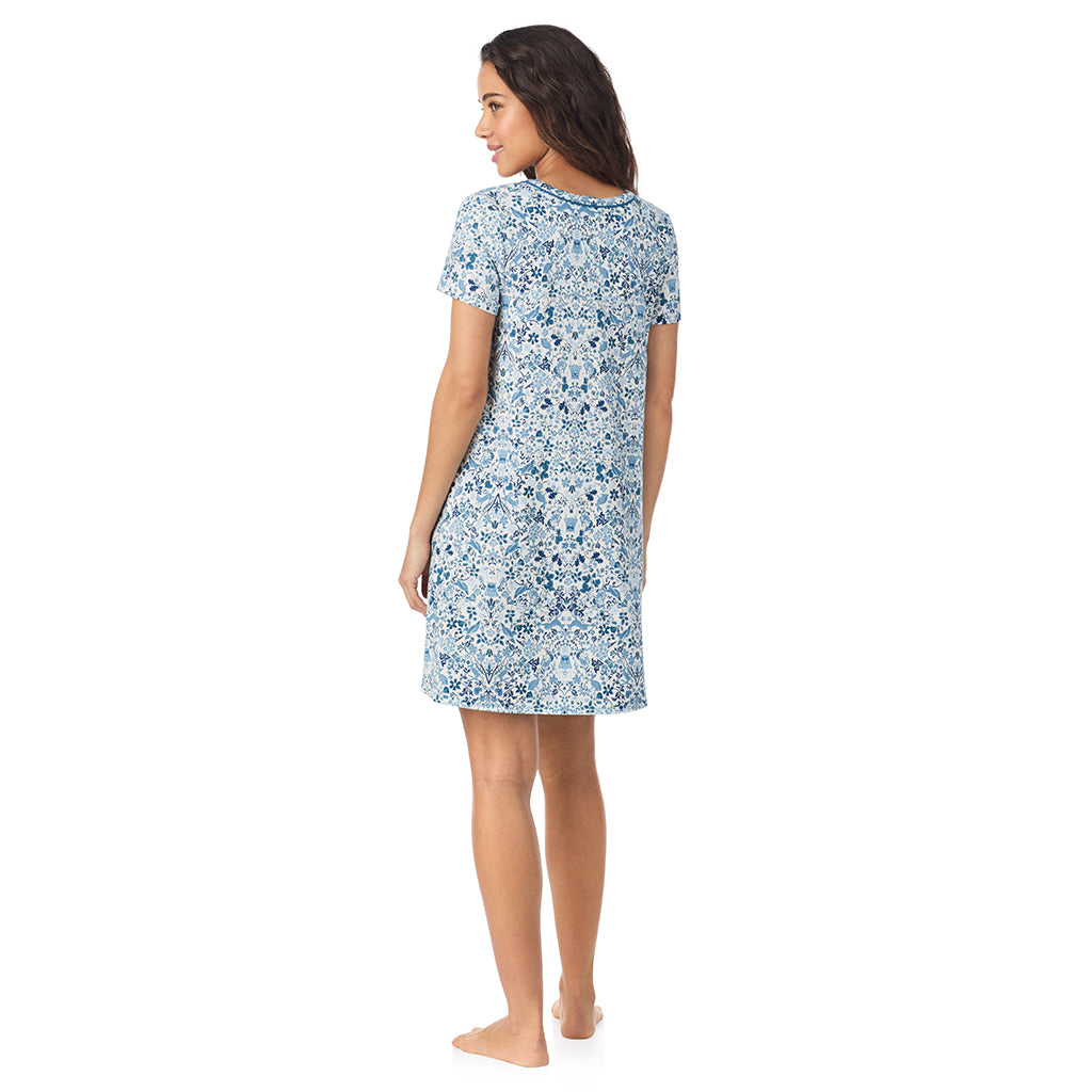Blue Woodland; Model is wearing size S. She is 5’9”, Bust 34”, Waist 23”, Hips 35”..@A lady wearing a Woodland Cotton Rich Short Sleeve Sleepshirt