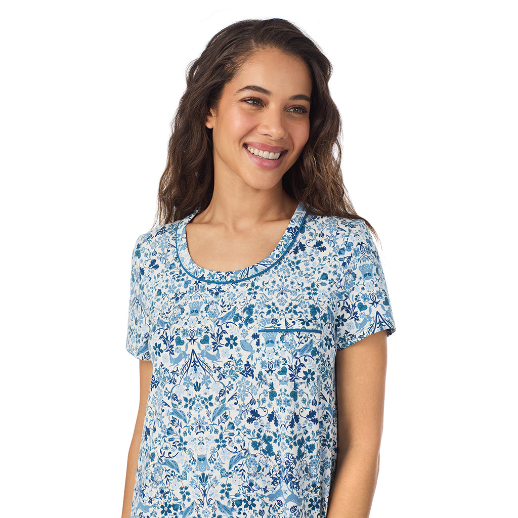 Blue Woodland; Model is wearing size S. She is 5’9”, Bust 34”, Waist 23”, Hips 35”..@A lady wearing a Woodland Cotton Rich Short Sleeve Sleepshirt