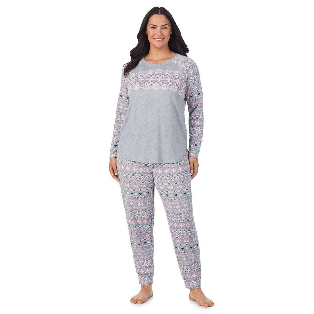 Grey Pink Fairisle; Model is wearing size 1X. She is 5'10", Bust 40", Waist 33", Hips 47".@A lady wearing a Grey Fair Isle Brushed Sweater Knit Long Sleeve Pajama Set PLUS