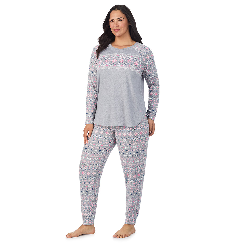 Grey Pink Fairisle; Model is wearing size 1X. She is 5'10", Bust 40", Waist 33", Hips 47".@A lady wearing a Grey Fair Isle Brushed Sweater Knit Long Sleeve Pajama Set PLUS