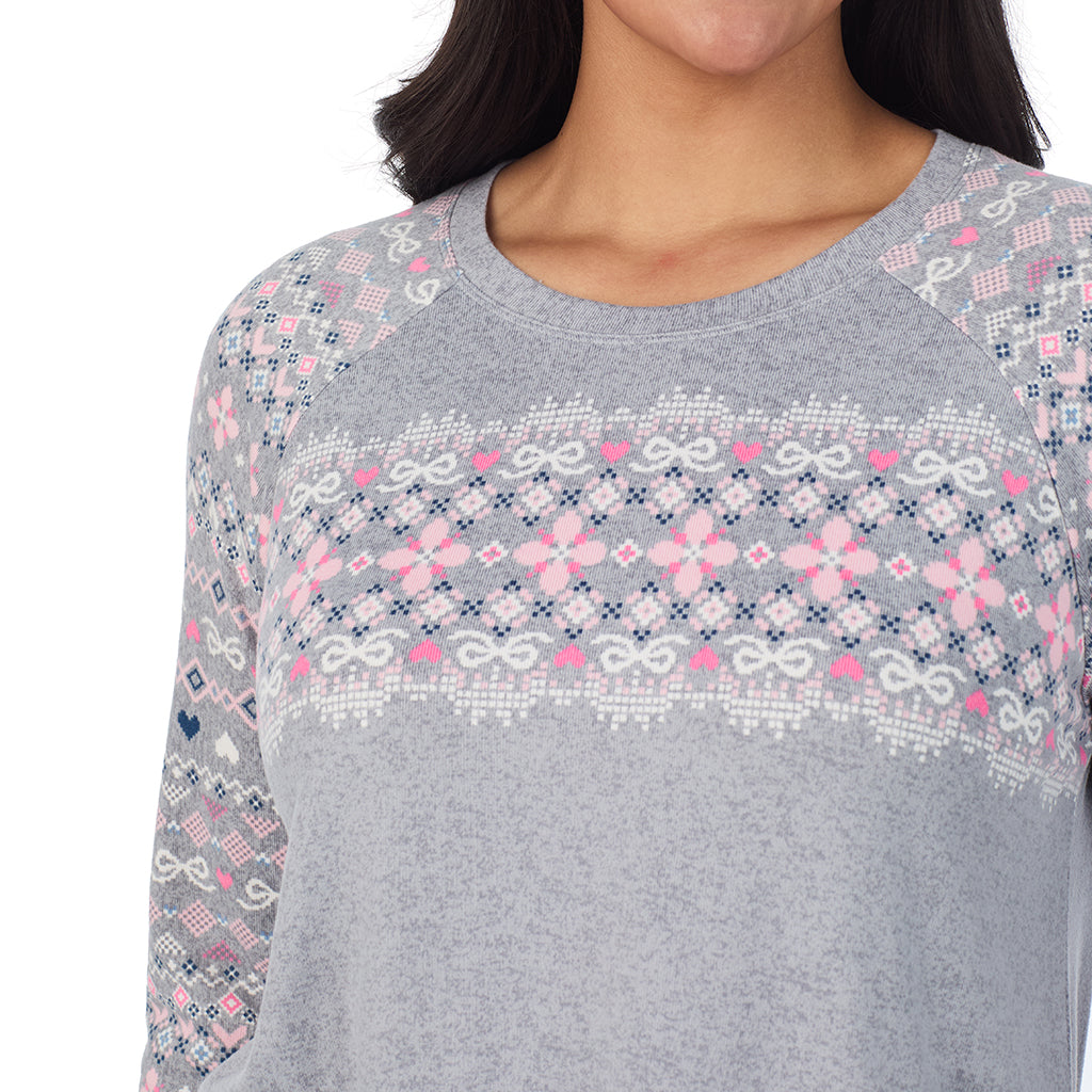 Grey Pink Fairisle; Model is wearing size 1X. She is 5'10", Bust 40", Waist 33", Hips 47".@A lady wearing a Grey Fair Isle Brushed Sweater Knit Long Sleeve Pajama Set PLUS