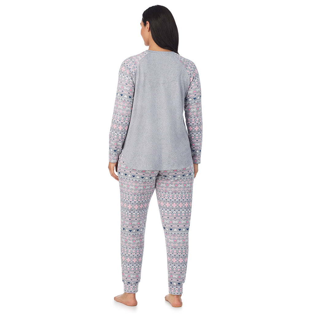 Grey Pink Fairisle; Model is wearing size 1X. She is 5'10", Bust 40", Waist 33", Hips 47".@A lady wearing a Grey Fair Isle Brushed Sweater Knit Long Sleeve Pajama Set PLUS