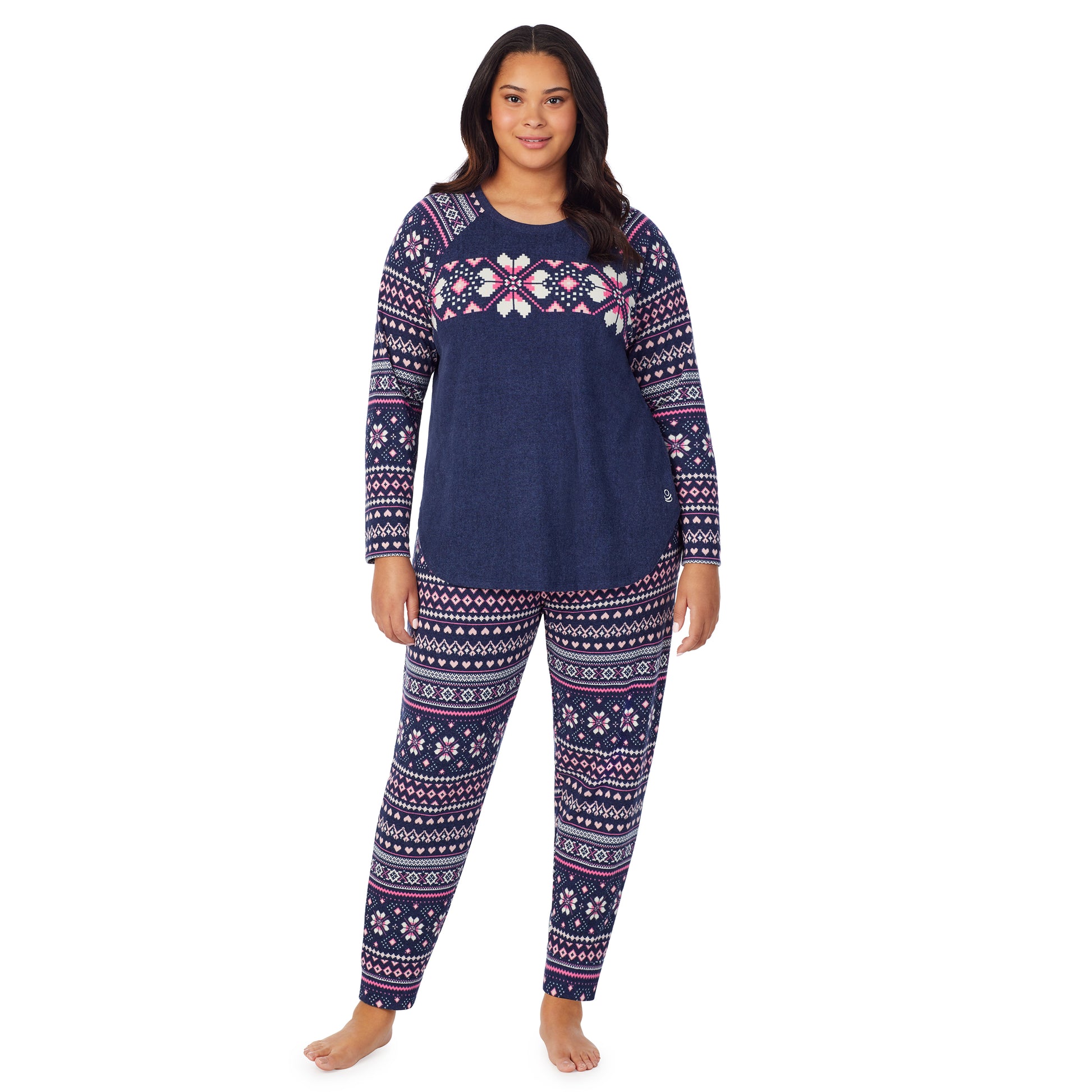 A lady wearing navy pink fairisle brushed sweater knit long sleeve plus pajama set.