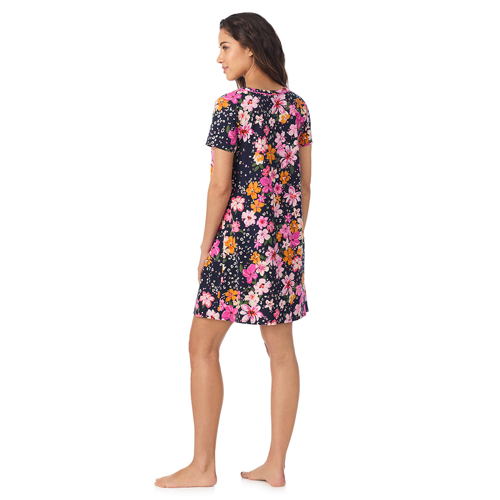 Big Floral; Model is wearing size S. She is 5’9”, Bust 34”, Waist 23”, Hips 35”..@A lady wearing a Big Floral Cotton Rich Short Sleeve Sleepshirt