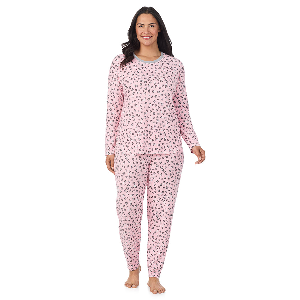 Pink Animal; Model is wearing size 1X. She is 5'10", Bust 40", Waist 33", Hips 47".@A lady wearing a Pink Animal Brushed Sweater Knit Long Sleeve Pajama Set PLUS