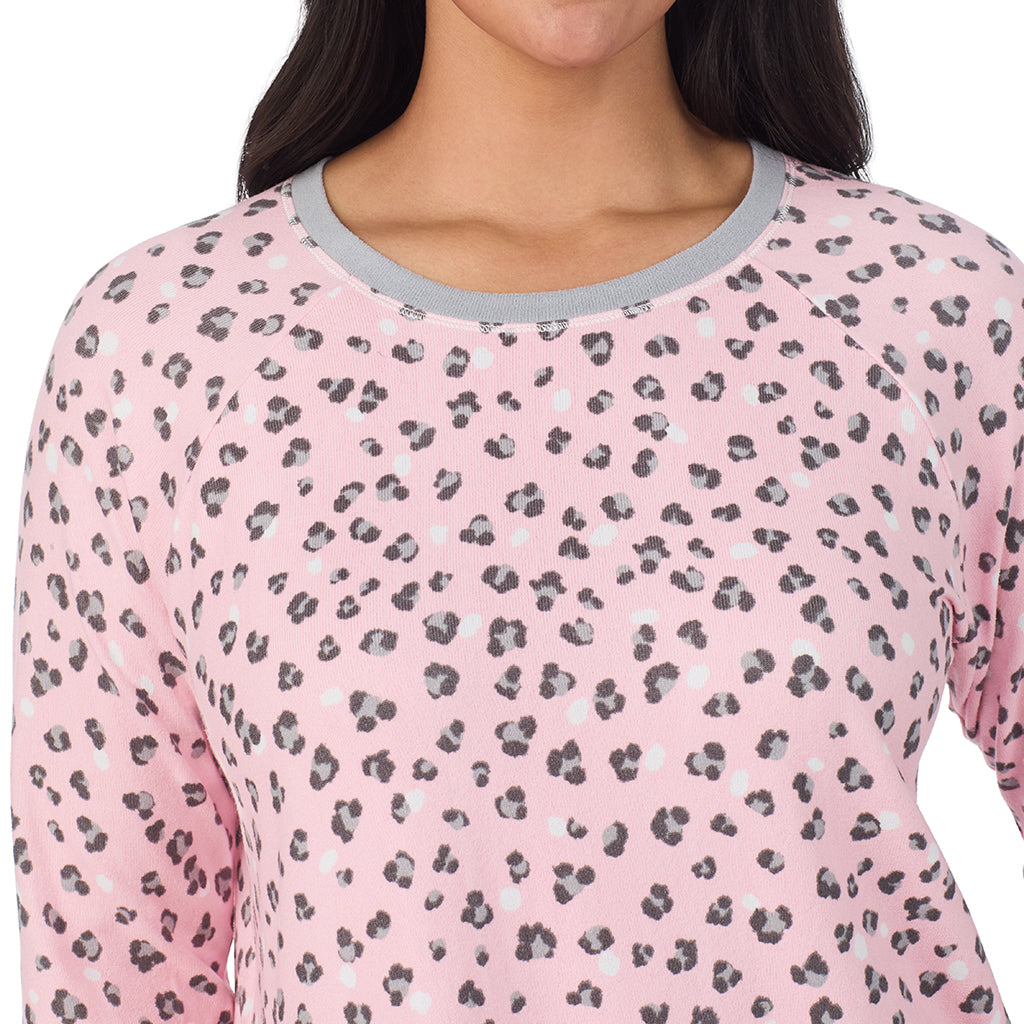 Pink Animal; Model is wearing size 1X. She is 5'10", Bust 40", Waist 33", Hips 47".@A lady wearing a Pink Animal Brushed Sweater Knit Long Sleeve Pajama Set PLUS