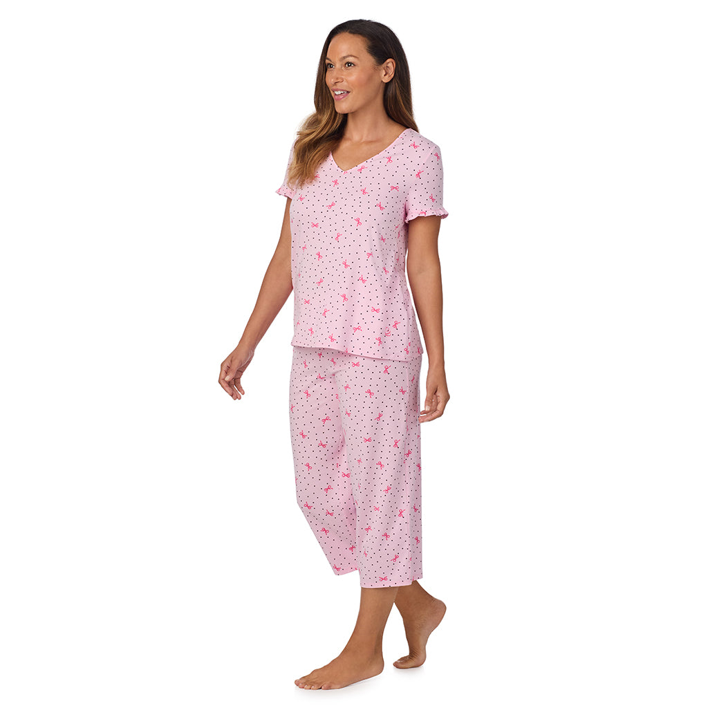 Pink Bow Dot; Model is wearing size S. She is 5'8", Bust 34", Waist 24.5", Hips 35".@A lady wearing Cotton Rich Ruffled Short Sleeve Top with Pant Pajama Set