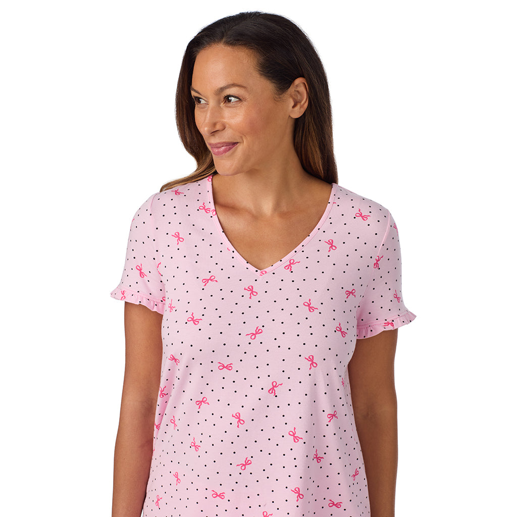 Pink Bow Dot; Model is wearing size S. She is 5'8", Bust 34", Waist 24.5", Hips 35".@A lady wearing Cotton Rich Ruffled Short Sleeve Top with Pant Pajama Set