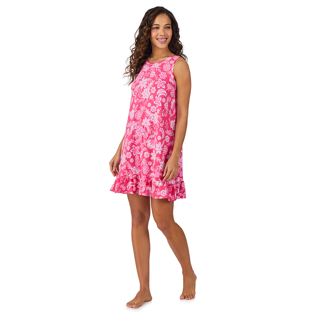 Pink Tropical;Model is wearing size S. She is 5’9”, Bust 34”, Waist 23”, Hips 35”.@A lady wearing Cotton-Blend Sleeveless Sleep Chemise