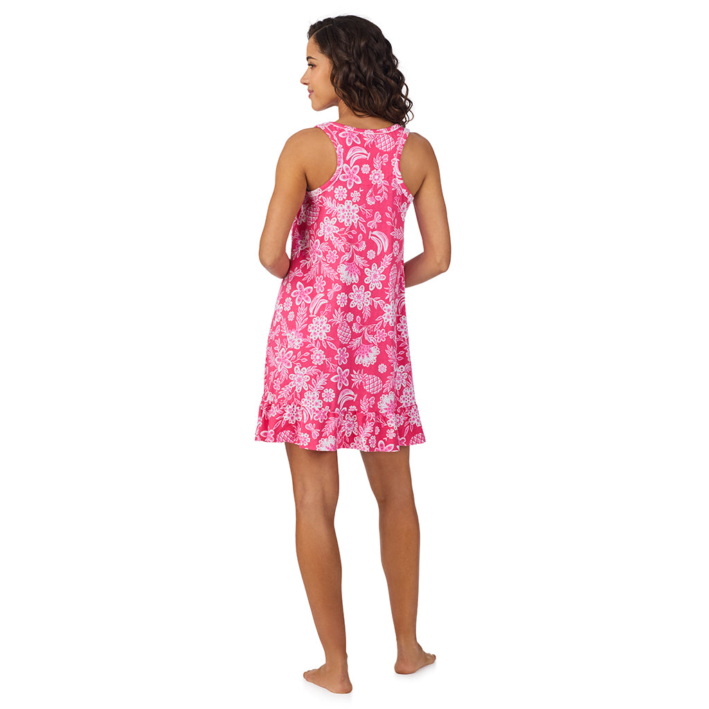 Pink Tropical;Model is wearing size S. She is 5’9”, Bust 34”, Waist 23”, Hips 35”.@A lady wearing Cotton-Blend Sleeveless Sleep Chemise