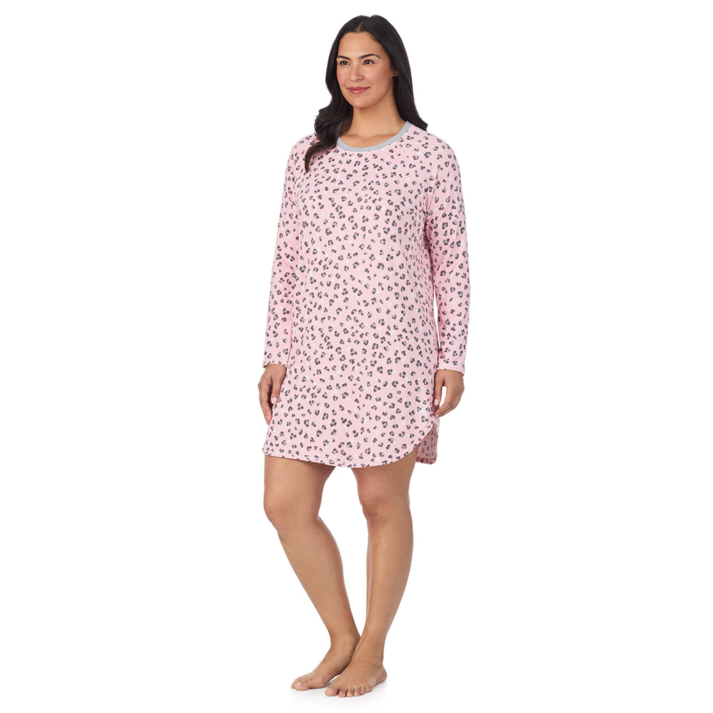 Pink Animal;Model is wearing size 1X. She is 5'10", Bust 40", Waist 33", Hips 47".@A lady wearing Pink Animal Brushed Sweater Knit Long Sleeve Sleepshirt PLUS