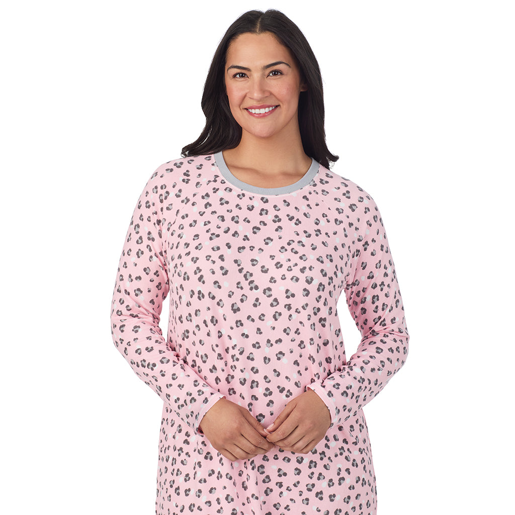 Pink Animal;Model is wearing size 1X. She is 5'10", Bust 40", Waist 33", Hips 47".@A lady wearing Pink Animal Brushed Sweater Knit Long Sleeve Sleepshirt PLUS