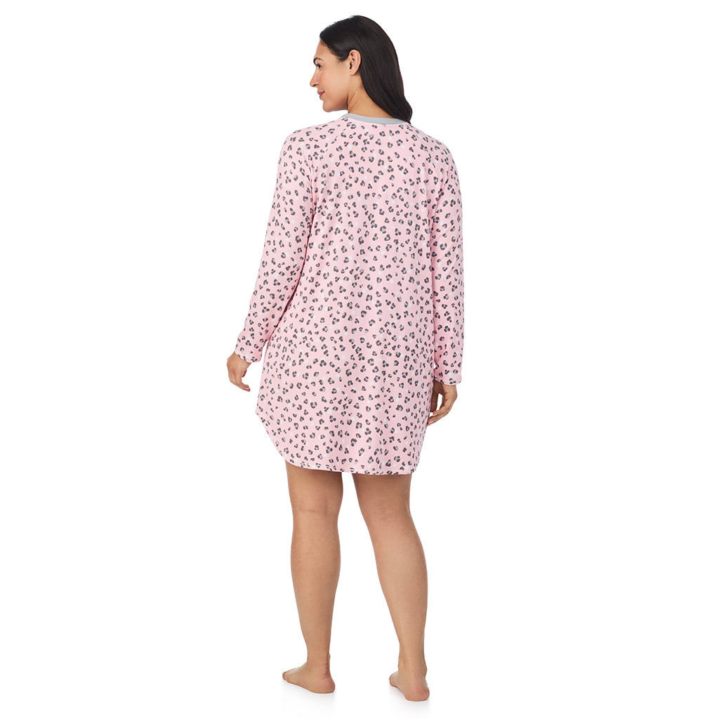 Pink Animal;Model is wearing size 1X. She is 5'10", Bust 40", Waist 33", Hips 47".@A lady wearing Pink Animal Brushed Sweater Knit Long Sleeve Sleepshirt PLUS