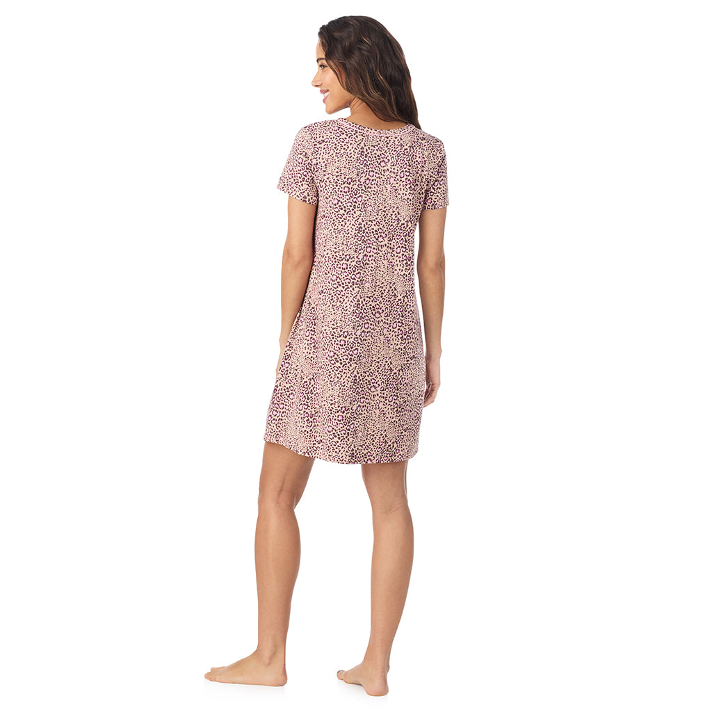 Leopard Animal; Model is wearing size S. She is 5’9”, Bust 34”, Waist 23”, Hips 35”..@A lady wearing a Leopard Animal Cotton Rich Short Sleeve Sleepshirt