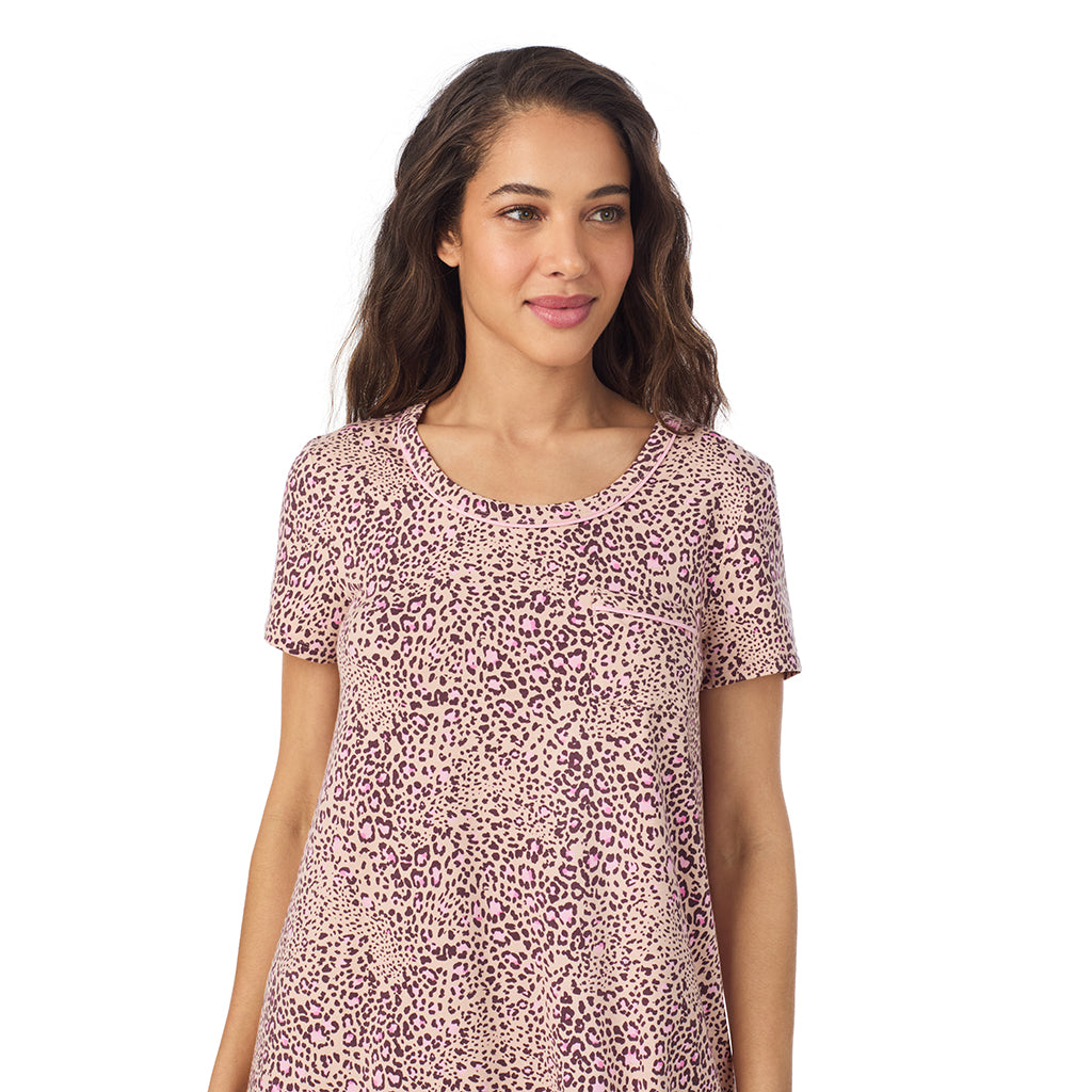 Leopard Animal; Model is wearing size S. She is 5’9”, Bust 34”, Waist 23”, Hips 35”..@A lady wearing a Leopard Animal Cotton Rich Short Sleeve Sleepshirt