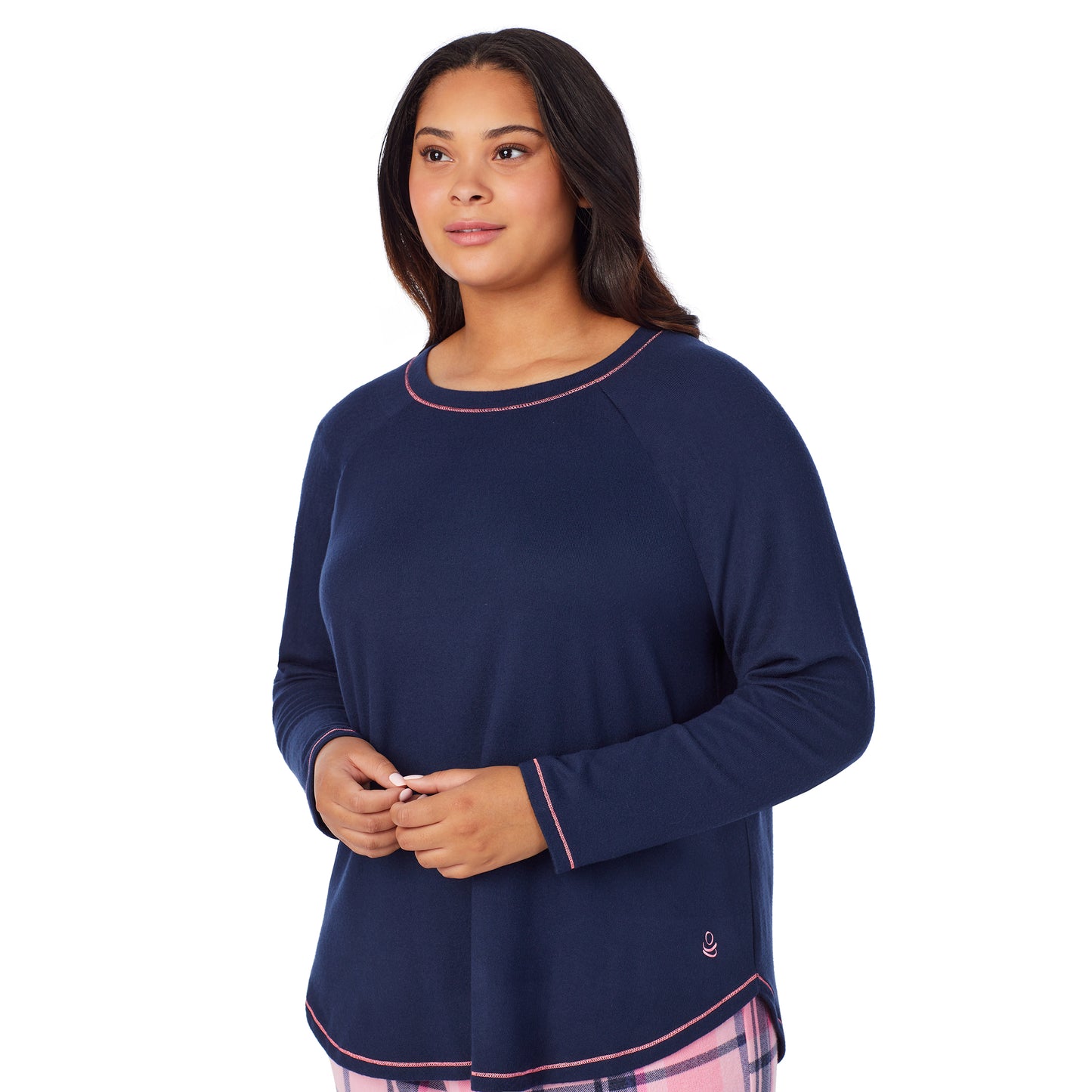 Pink Plaid;Model is wearing size 1X. She is 5'10", Bust 40", Waist 33", Hips 47"@A lady wearing pink plaid brushed sweater knit long sleeve plus pajama set.