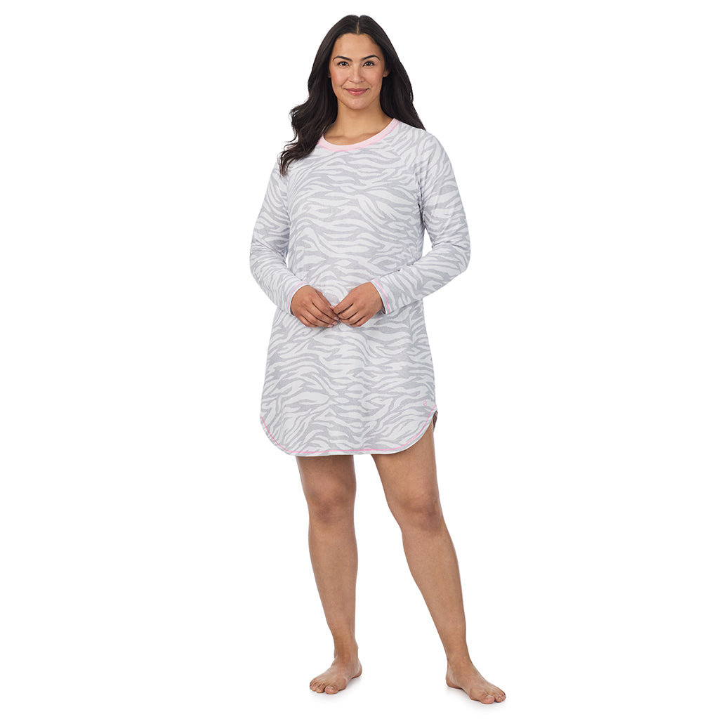 Zebra;Model is wearing size 1X. She is 5'10", Bust 40", Waist 33", Hips 47".@A lady wearing Zebra Brushed Sweater Knit Long Sleeve Sleepshirt PLUS