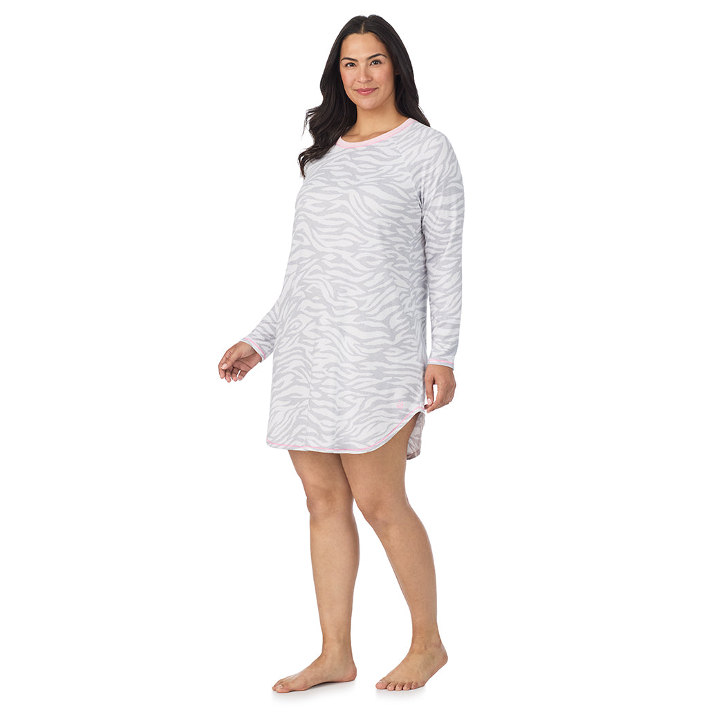 Zebra;Model is wearing size 1X. She is 5'10", Bust 40", Waist 33", Hips 47".@A lady wearing Zebra Brushed Sweater Knit Long Sleeve Sleepshirt PLUS