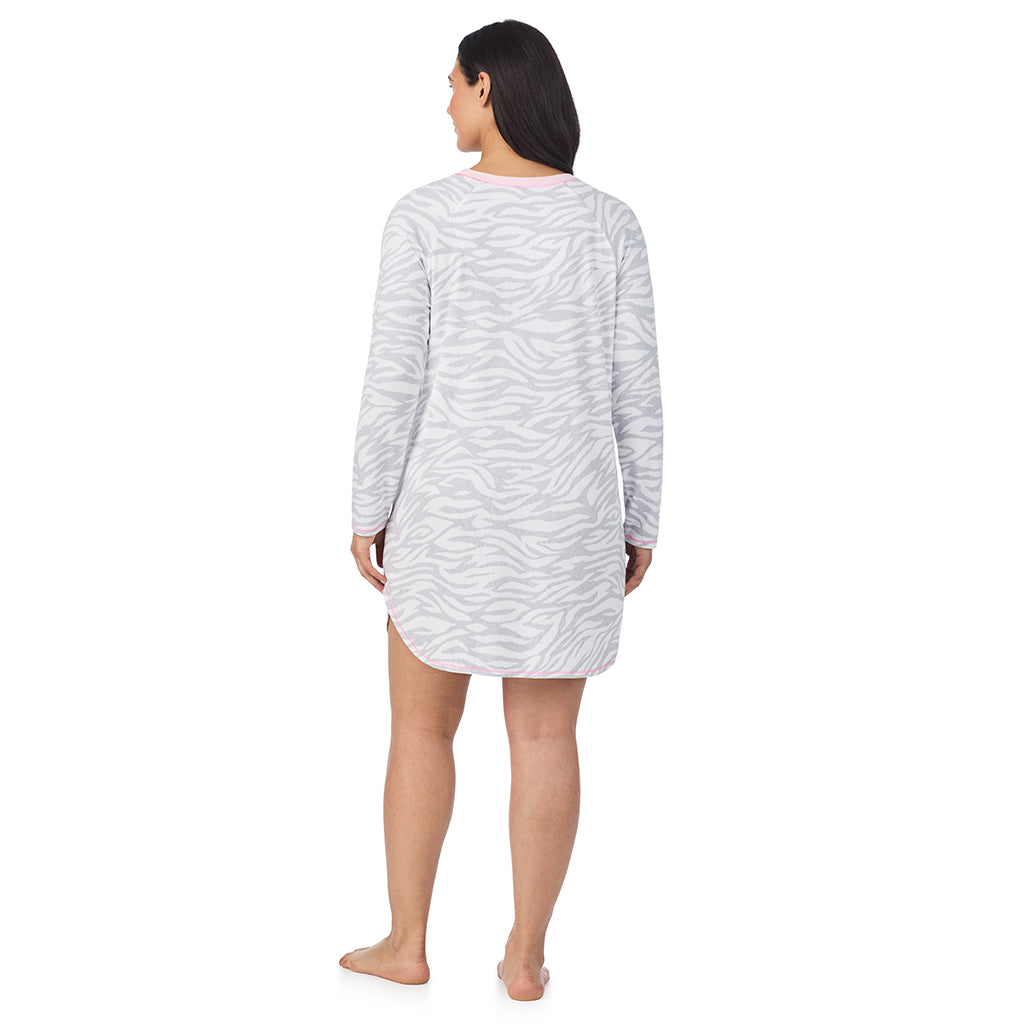 Zebra;Model is wearing size 1X. She is 5'10", Bust 40", Waist 33", Hips 47".@A lady wearing Zebra Brushed Sweater Knit Long Sleeve Sleepshirt PLUS