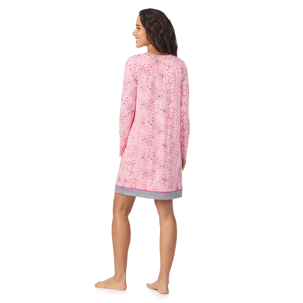 Pink Celestial; Model is wearing size S. She is 5’9”, Bust 34”, Waist 23”, Hips 35”.@A lady wearing a Pink Celestial Cotton Rich Long Sleeve Sleepshirt