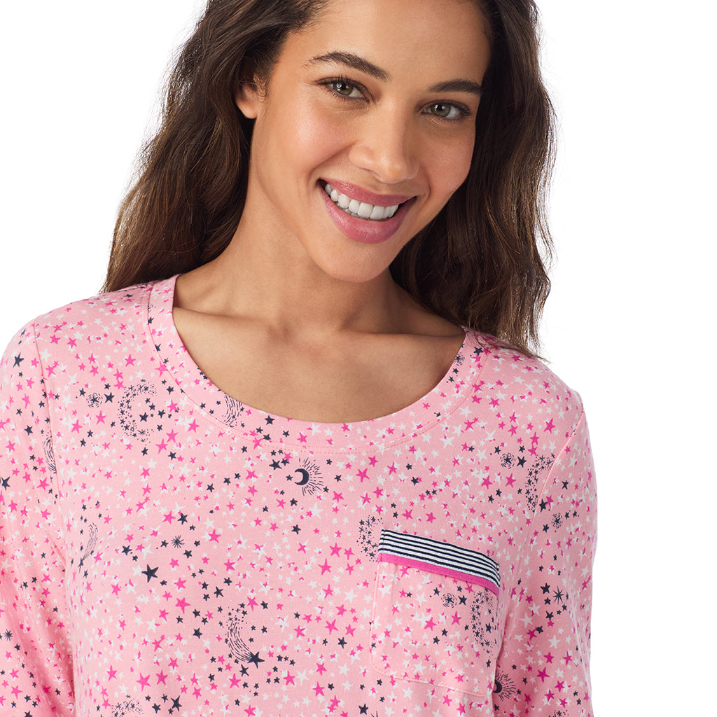 Pink Celestial; Model is wearing size S. She is 5’9”, Bust 34”, Waist 23”, Hips 35”.@A lady wearing a Pink Celestial Cotton Rich Long Sleeve Sleepshirt