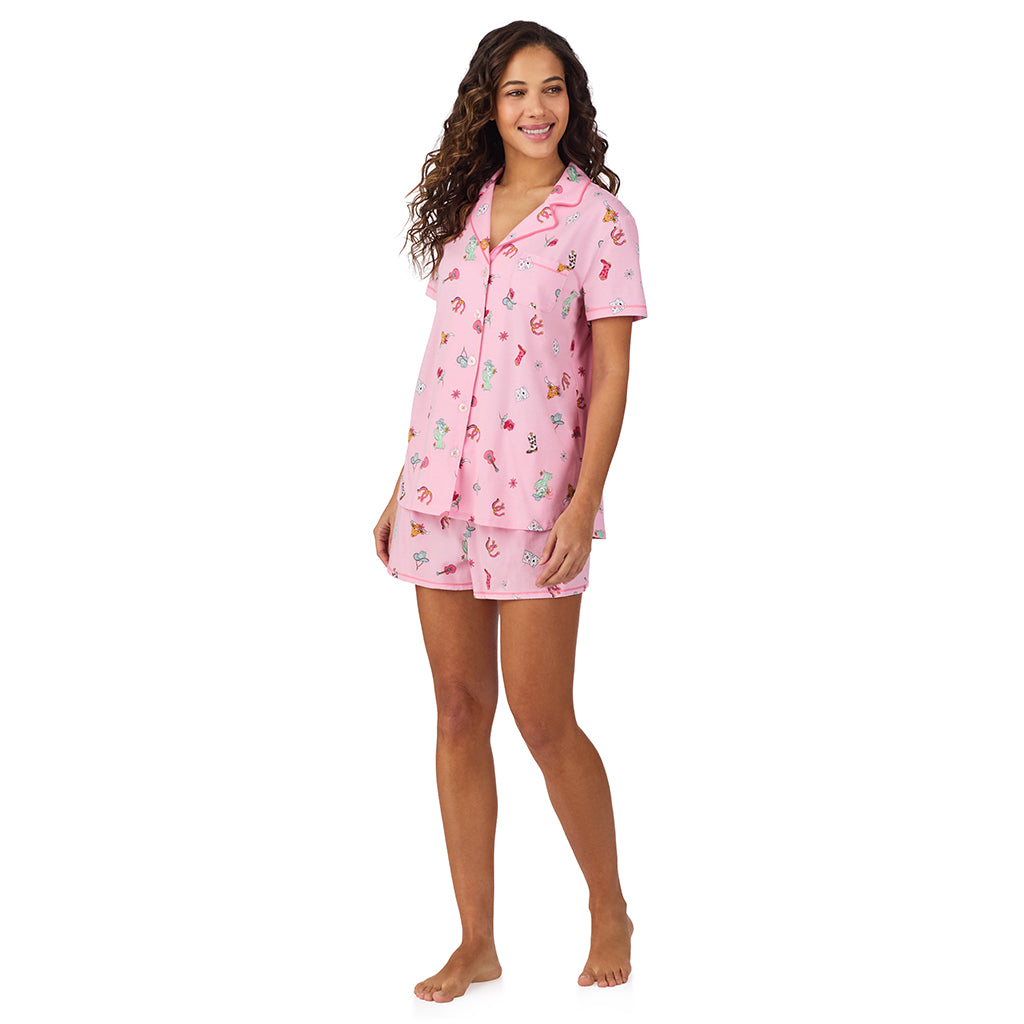 Cowgirl;Model is wearing size S. She is 5’9”, Bust 34”, Waist 23”, Hips 35”.@ A lady wearing Cotton-Blend Short Sleeve Notch Collar with Short 2-Pc Pajama Set