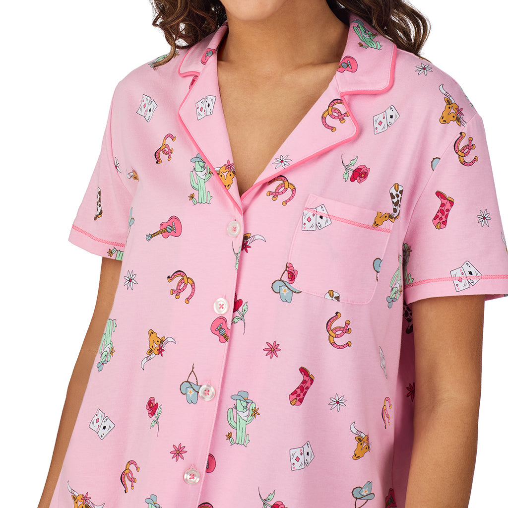 Cowgirl;Model is wearing size S. She is 5’9”, Bust 34”, Waist 23”, Hips 35”.@ A lady wearing Cotton-Blend Short Sleeve Notch Collar with Short 2-Pc Pajama Set