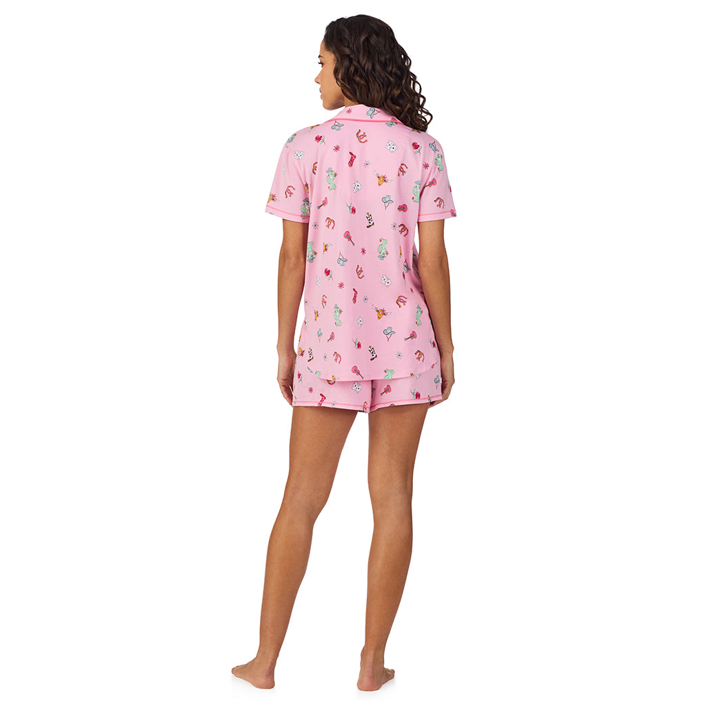 Cowgirl;Model is wearing size S. She is 5’9”, Bust 34”, Waist 23”, Hips 35”.@ A lady wearing Cotton-Blend Short Sleeve Notch Collar with Short 2-Pc Pajama Set