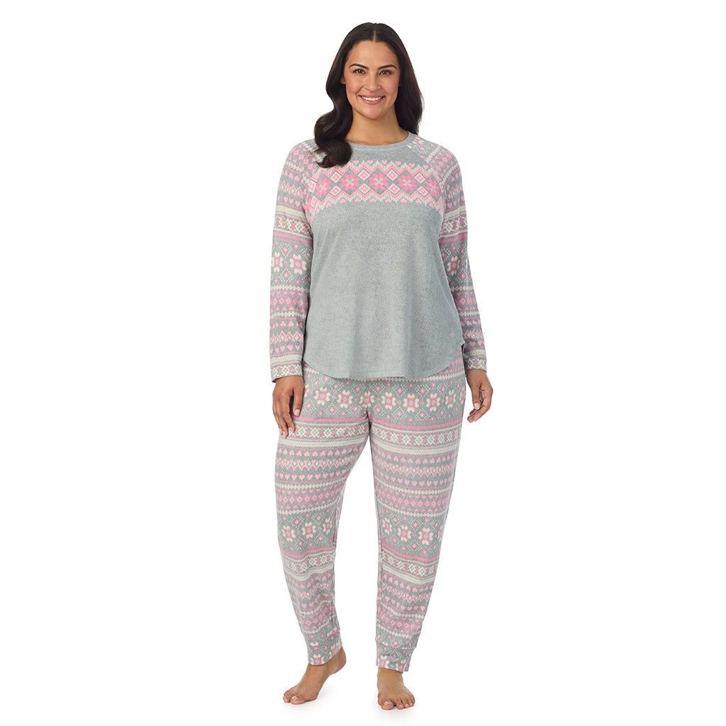Grey Fairisle;Model is wearing size 1X. She is 5'10", Bust 40", Waist 33", Hips 47".@A lady wearing Grey Fairisle Brushed Sweater Knit Long Sleeve Pajama Set PLUS