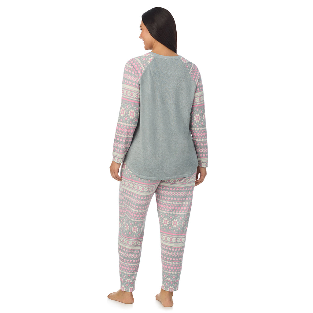 Grey Fairisle;Model is wearing size 1X. She is 5'10", Bust 40", Waist 33", Hips 47".@A lady wearing Grey Fairisle Brushed Sweater Knit Long Sleeve Pajama Set PLUS