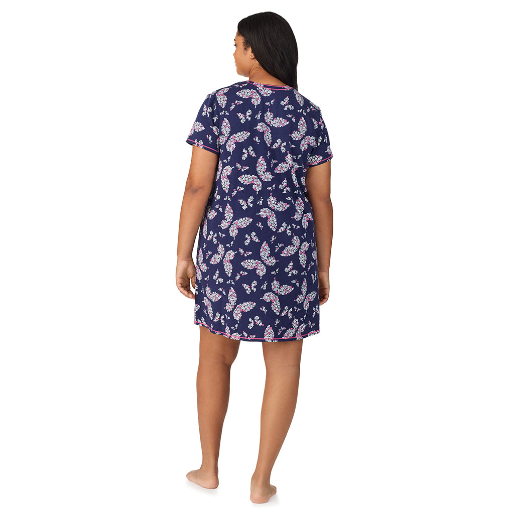 Navy Butterfly Floral; Model is wearing size 1X. She is 5'11", Bust 36", Waist 36.5", Hips 47.5". @A lady wearing Cotton-Blend Short Sleeve V-Neck Sleep Shirt PLUS