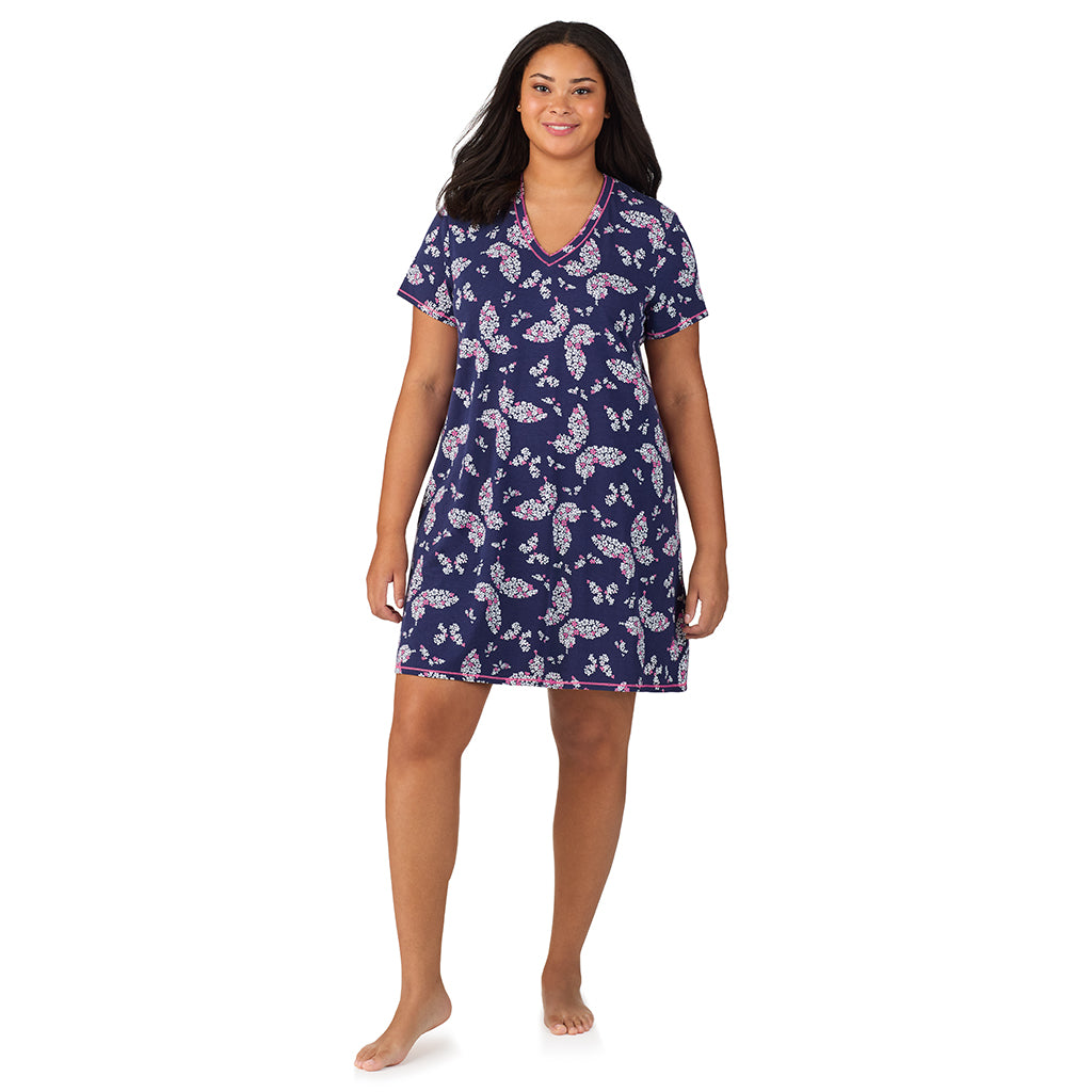 Navy Butterfly Floral; Model is wearing size 1X. She is 5'11", Bust 36", Waist 36.5", Hips 47.5". @A lady wearing Cotton-Blend Short Sleeve V-Neck Sleep Shirt PLUS