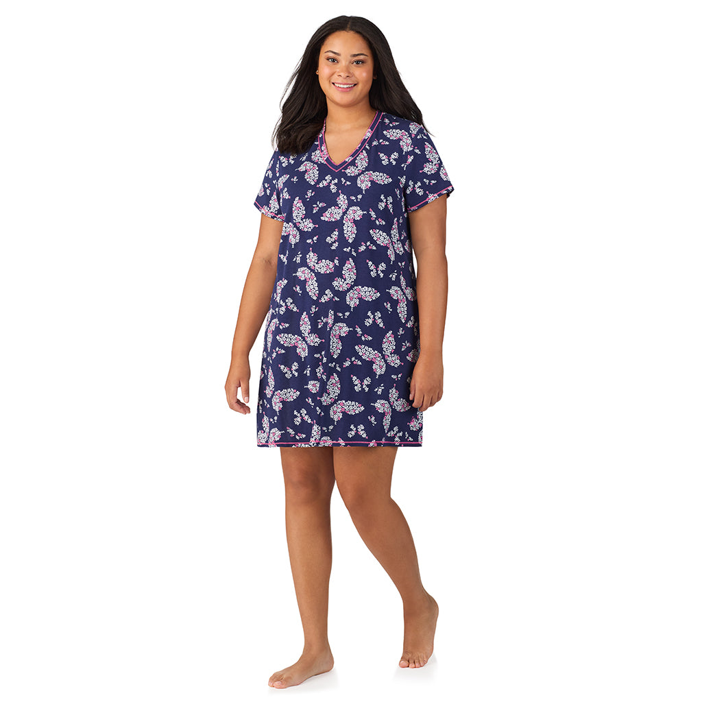 Navy Butterfly Floral; Model is wearing size 1X. She is 5'11", Bust 36", Waist 36.5", Hips 47.5". @A lady wearing Cotton-Blend Short Sleeve V-Neck Sleep Shirt PLUS