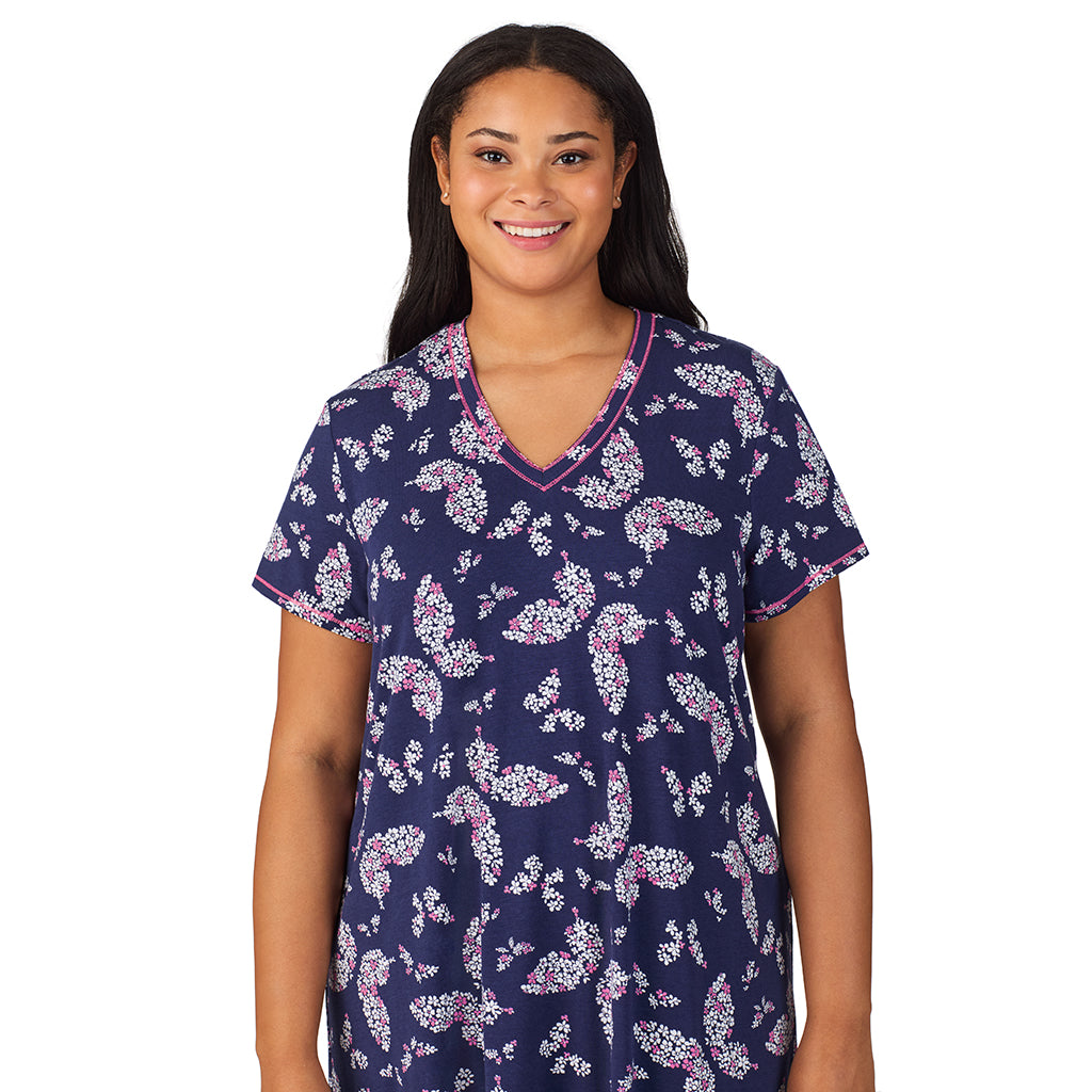 Navy Butterfly Floral; Model is wearing size 1X. She is 5'11", Bust 36", Waist 36.5", Hips 47.5". @A lady wearing Cotton-Blend Short Sleeve V-Neck Sleep Shirt PLUS