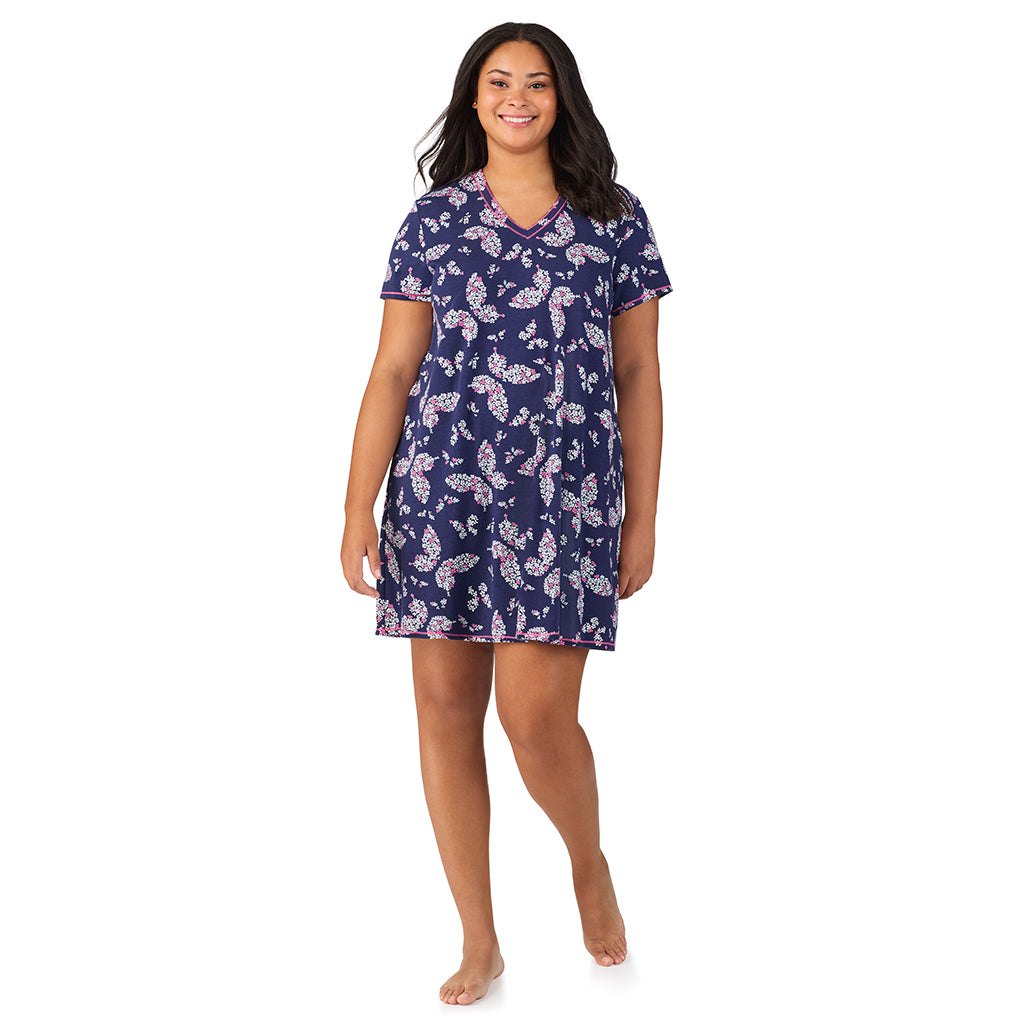 Navy Butterfly Floral; Model is wearing size 1X. She is 5'11", Bust 36", Waist 36.5", Hips 47.5". @A lady wearing Cotton-Blend Short Sleeve V-Neck Sleep Shirt PLUS