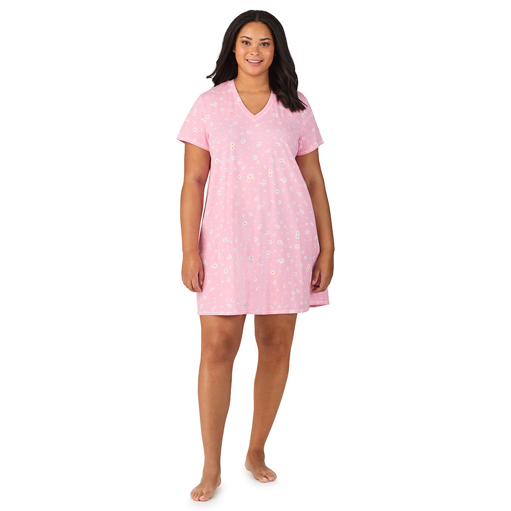Pink Daisy; Model is wearing size 1X. She is 5'11", Bust 36", Waist 36.5", Hips 47.5". @A lady wearing Cotton-Blend Short Sleeve V-Neck Sleep Shirt PLUS