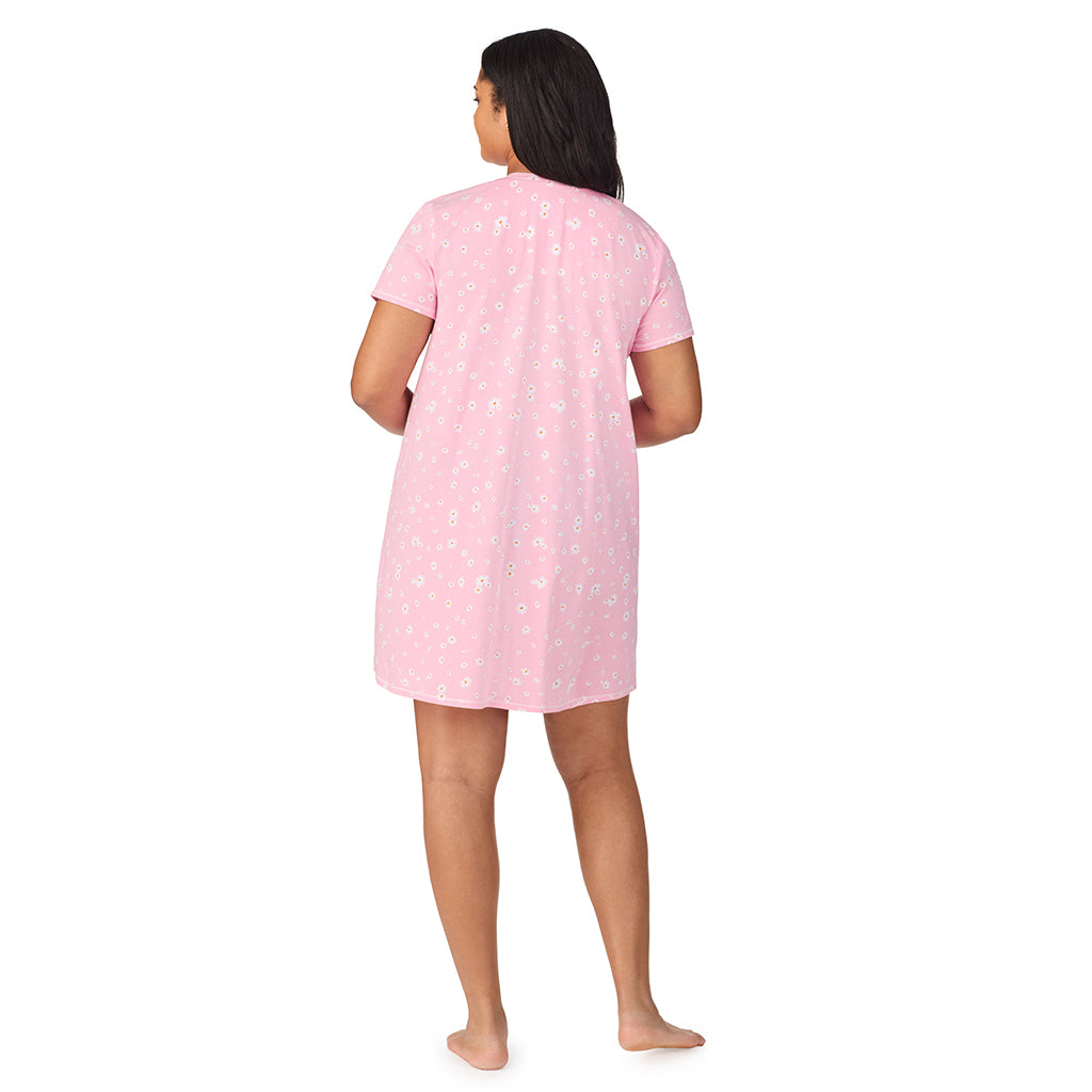 Pink Daisy; Model is wearing size 1X. She is 5'11", Bust 36", Waist 36.5", Hips 47.5". @A lady wearing Cotton-Blend Short Sleeve V-Neck Sleep Shirt PLUS