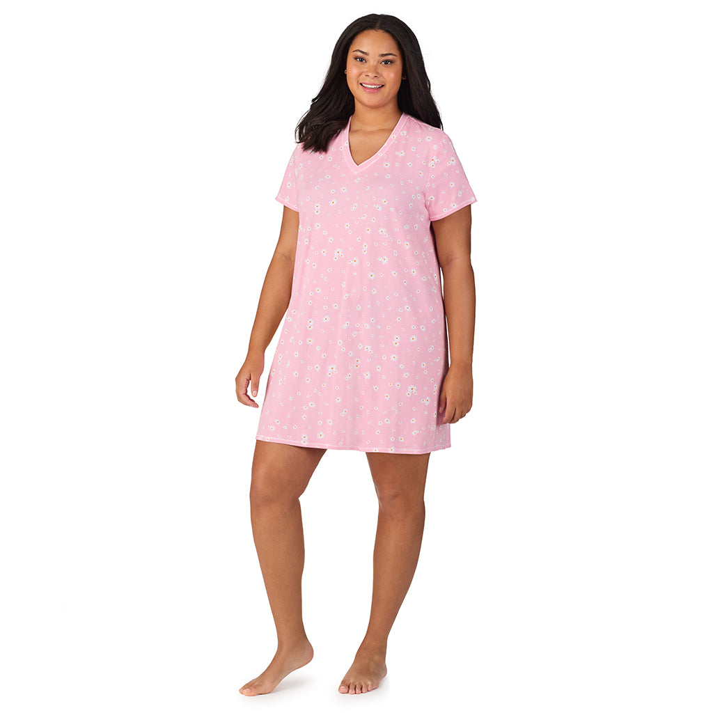 Pink Daisy; Model is wearing size 1X. She is 5'11", Bust 36", Waist 36.5", Hips 47.5". @A lady wearing Cotton-Blend Short Sleeve V-Neck Sleep Shirt PLUS
