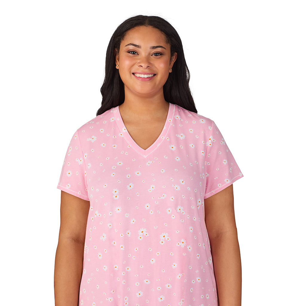 Pink Daisy; Model is wearing size 1X. She is 5'11", Bust 36", Waist 36.5", Hips 47.5". @A lady wearing Cotton-Blend Short Sleeve V-Neck Sleep Shirt PLUS