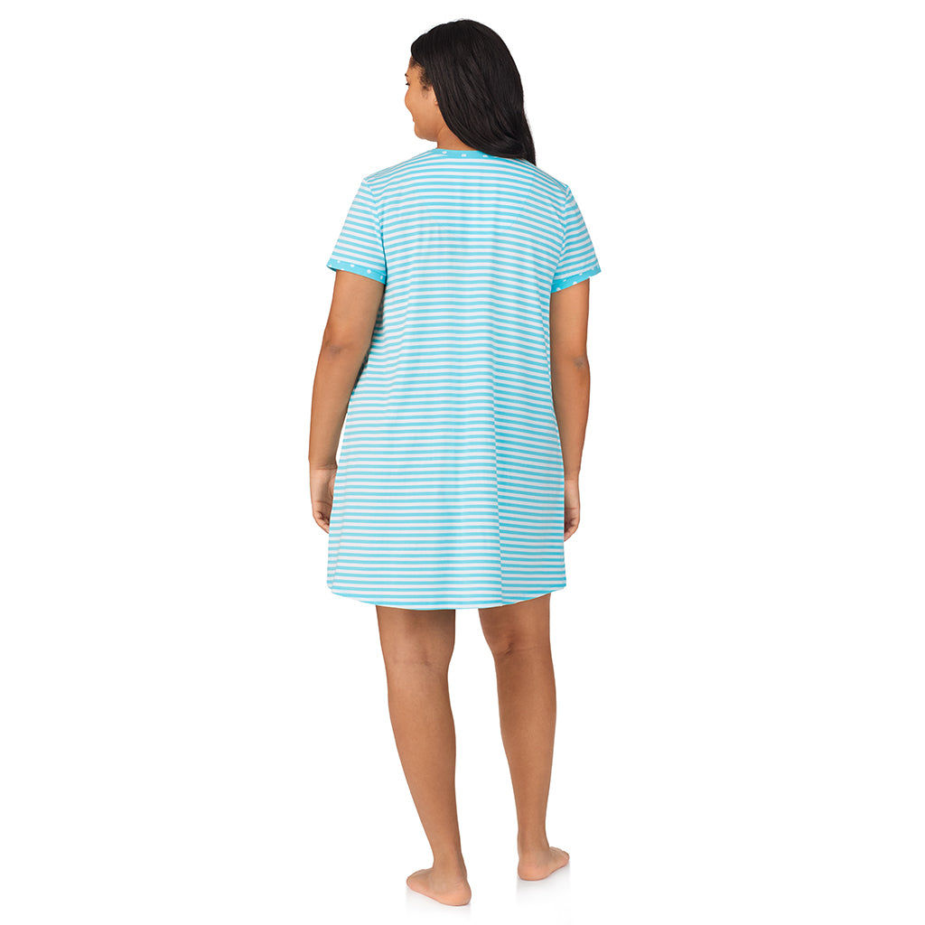 Aqua Stripe; Model is wearing size 1X. She is 5'11", Bust 36", Waist 36.5", Hips 47.5". @A lady wearing Cotton-Blend Short Sleeve V-Neck Sleep Shirt PLUS