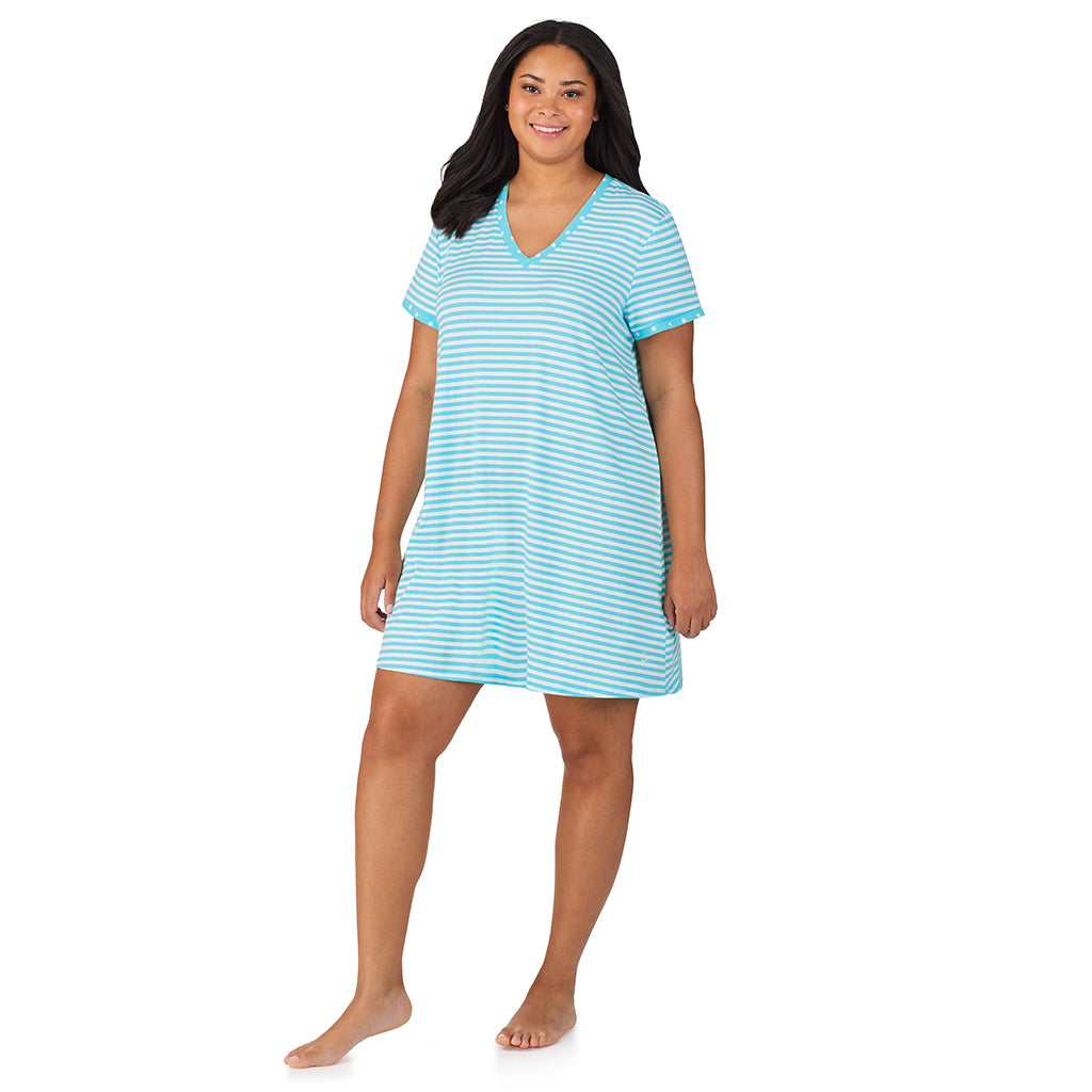 Aqua Stripe; Model is wearing size 1X. She is 5'11", Bust 36", Waist 36.5", Hips 47.5". @A lady wearing Cotton-Blend Short Sleeve V-Neck Sleep Shirt PLUS