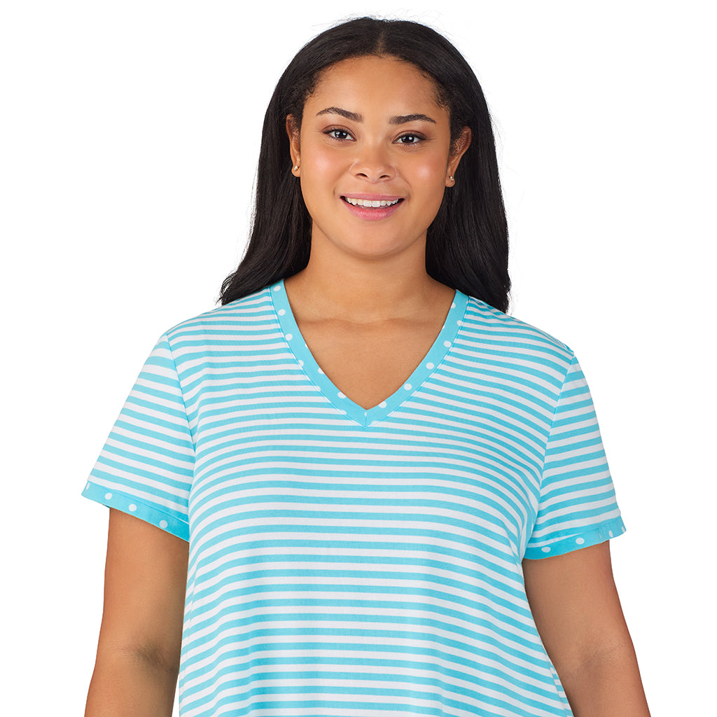Aqua Stripe; Model is wearing size 1X. She is 5'11", Bust 36", Waist 36.5", Hips 47.5". @A lady wearing Cotton-Blend Short Sleeve V-Neck Sleep Shirt PLUS