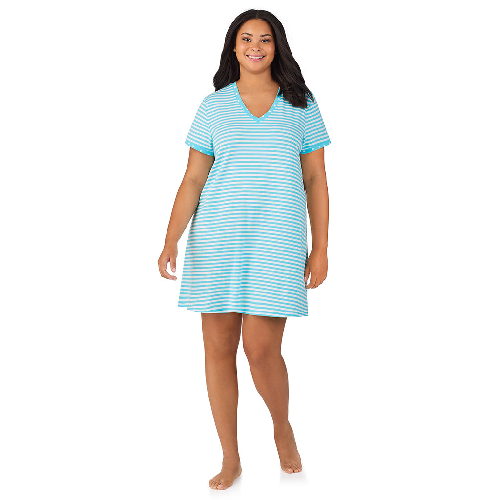 Aqua Stripe; Model is wearing size 1X. She is 5'11", Bust 36", Waist 36.5", Hips 47.5". @A lady wearing Cotton-Blend Short Sleeve V-Neck Sleep Shirt PLUS