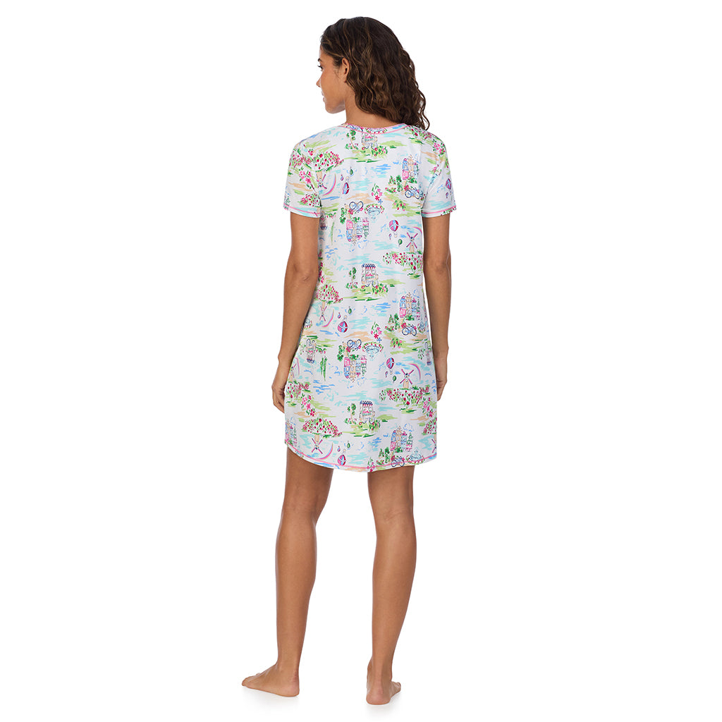 Spring Scene; Model is wearing size S. She is 5’9”, Bust 34”, Waist 23”, Hips 35”. @A lady wearing Cotton-Blend Short Sleeve V-Neck Sleep Shirt