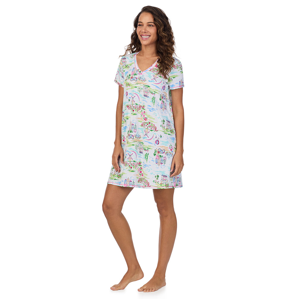 Spring Scene; Model is wearing size S. She is 5’9”, Bust 34”, Waist 23”, Hips 35”. @A lady wearing Cotton-Blend Short Sleeve V-Neck Sleep Shirt