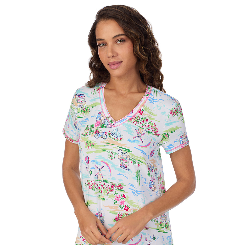 Spring Scene; Model is wearing size S. She is 5’9”, Bust 34”, Waist 23”, Hips 35”. @A lady wearing Cotton-Blend Short Sleeve V-Neck Sleep Shirt
