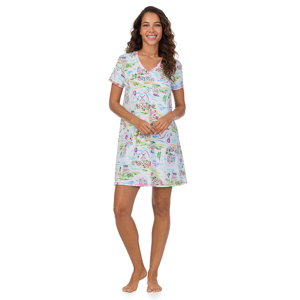 Spring Scene; Model is wearing size S. She is 5’9”, Bust 34”, Waist 23”, Hips 35”. @A lady wearing Cotton-Blend Short Sleeve V-Neck Sleep Shirt