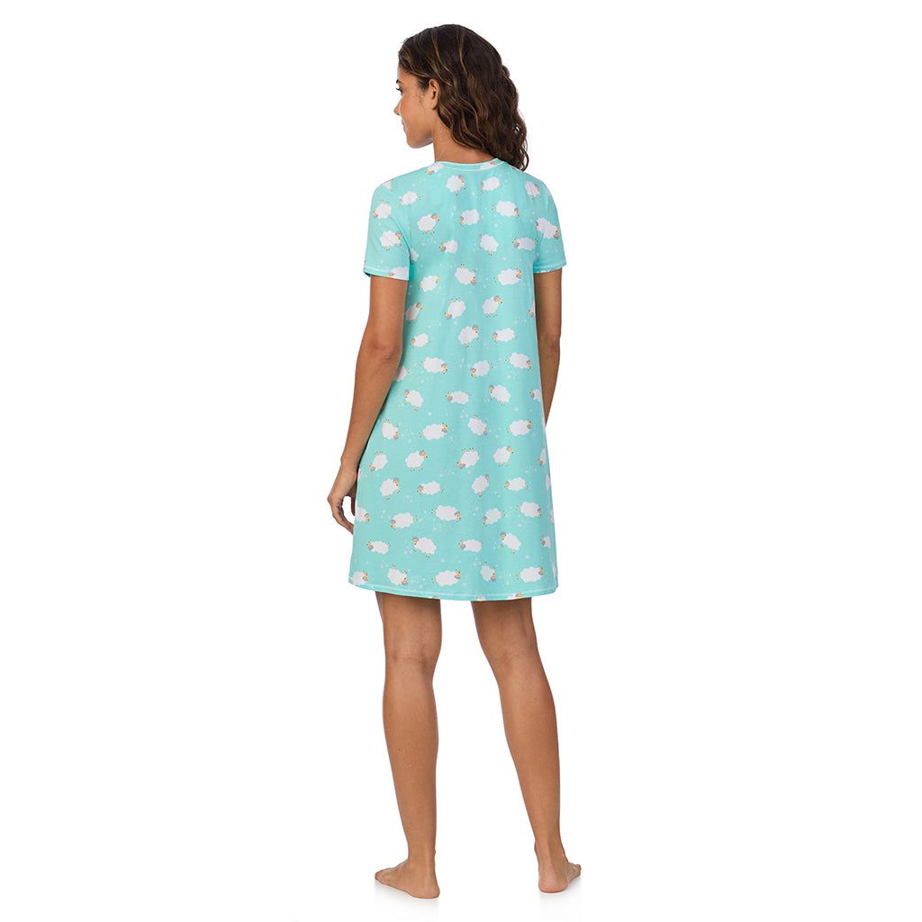 Sheep; Model is wearing size S. She is 5’9”, Bust 34”, Waist 23”, Hips 35”. @A lady wearing Cotton-Blend Short Sleeve V-Neck Sleep Shirt