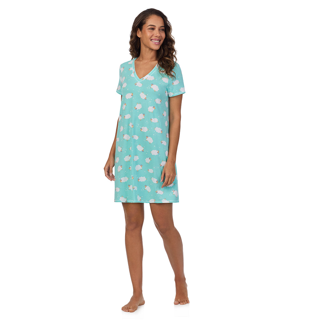 Sheep; Model is wearing size S. She is 5’9”, Bust 34”, Waist 23”, Hips 35”. @A lady wearing Cotton-Blend Short Sleeve V-Neck Sleep Shirt